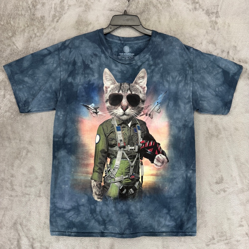 The Mountain T-Shirt Mens Large Pilot Cat Blue Tie-Dye Graphic EUC